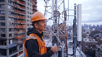 A network engineer installing 5G antennas on a rooftop, expanding coverage for a metropolitan area