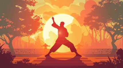 A Tai Chi session at sunrise, set in a tranquil park with geometric patterns symbolizing the balance of Yin and Yang