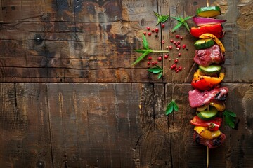 Overhead view of a skewer consisting of meat and various vegetables skewered on a stick, displayed on a wooden table