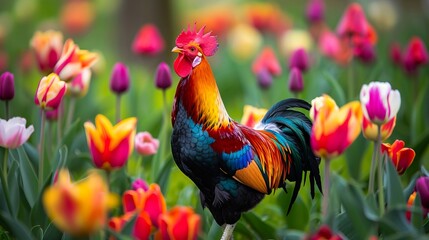 Rooster in the field of tulips.