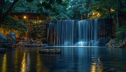 A nighttime view of a waterfall illuminated by soft lights, reflecting on the water below in a tranquil park