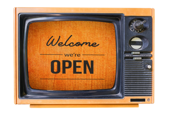 Text on vintage sign "Welcome, We're Open" in an old retro television. Isolated on white background. PNG