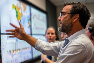 A man passionately gestures while explaining geographic data on a large display screen