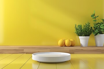 Kitchen background podium product display wall table empty 3d pedestal platform. Podium stand studio tile wood room background food kitchen wooden yellow light scene abstract floor stage modern base