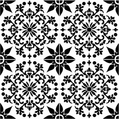 
Black and white illustration of traditional Spanish tiles, seamless pattern with floral motifs in various sizes. Design for textile or wallpaper in the style of traditional Spanish tiles.