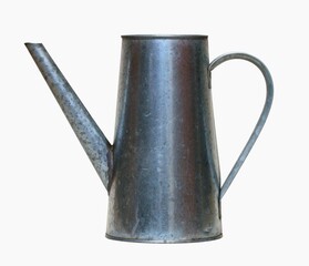 Galvanized garden watering can on a white background.