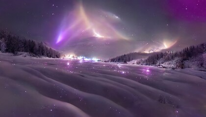 Panoramic view of a winter landscape under a magical aurora borealis with twinkling stars and soft snow. North light with starry night with purple filter. Abstract digital art background. AIG35. - Powered by Adobe