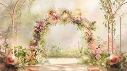 Enchanted Garden Archway Illustration with Lush Floral and Sunrise