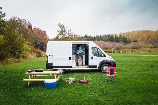 Cozy campervan life amidst Nova Scotia's fall colors