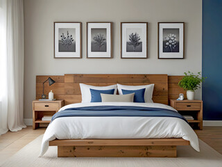 Rustic blue and white bed with white pillows and two bedside cabinets against white wall with four posters frames. Farmhouse interior design of modern bedroom. indoor plant on the bedside table.