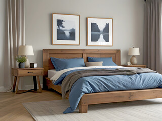 Rustic cozy wooden bed with blue pillows and two bedside cabinets against white wall with two posters frames. Farmhouse interior design of modern relaxation bedroom.