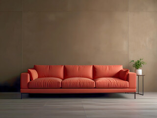 interior design of a modern living room combines urban chic with a red sofa against a blank brown stucco wall with copy space. comfort and functionality living.