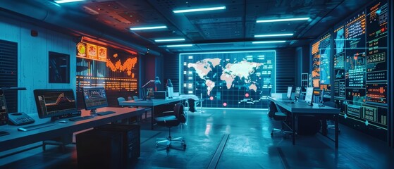 Realistic photo of an advanced robotics lab with hologram projections of cyber security data, set in a modern facility, banner concept