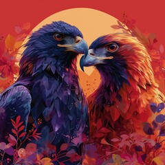 Obraz premium illustration, flat design, a pair of flying eagles in love, in the middle of a love symbol, fink basic colors, flat vector illustration
