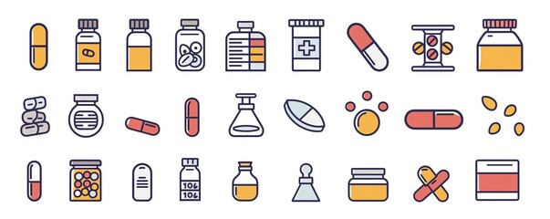Pharmacy and medication icon set with pills, prescription bottles, and pharmacist, designed with clear, simple outlines