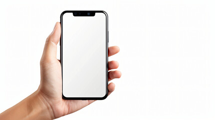 Isolated close up hand holding smartphone with blank 