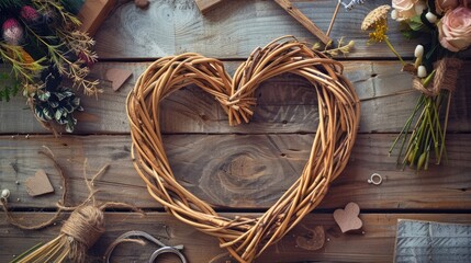 Heart shaped wicker wreath crafted from birch branches and DIY supplies on a wooden table Crafting a handmade decoration through wreath weaving