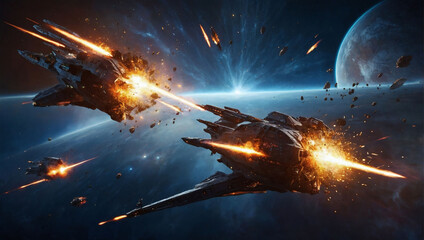 Cosmic warfare, starships engage in battle, lasers and explosions erupting.
