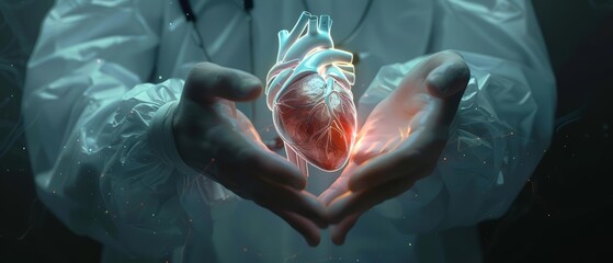 The intricate details of a doctors hands carefully showcasing a hologram of a beating heart