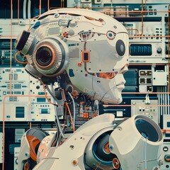 Trendy art paper collage design of a hightech robot in a lab setting, detailed with cyber color accents and futuristic elements