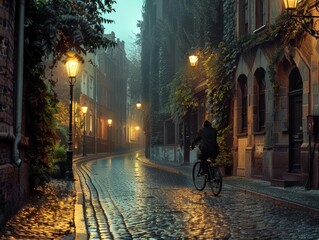 Under the soft glow of street lamps, a cyclist navigates a cobblestone street in an old European city, blending history with modern mobility