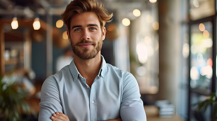 Fototapeta premium Young, confident businessman smiling and looking at the camera