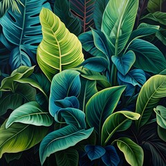 Tropical leaves seamless pattern, green and blue color palette. Generative AI.
