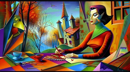 Delighted female crafter surrounded by colorful materials and tools