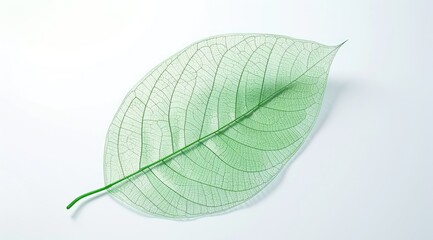 A Leaf Translucent And Green In Color With White Background And The Delicate Veins Of Its Skeleton Can Be Seen Clearly On The Surface.
