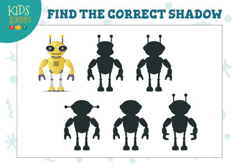 Obraz premium Find the correct shadow for cute cartoon robot educational preschool kids mini game. Vector illustration with 4 silhouettes for shadow matching quiz