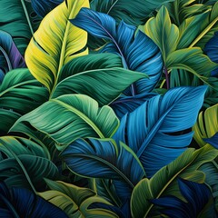 Tropical leaves seamless pattern, green and blue color palette. Generative AI.