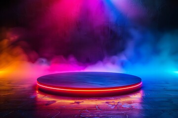 Modern round empty platform podium stand for product presentation scene with glowing neon lighting....