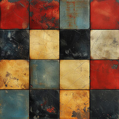 Rustic geometric tiles showcasing distressed textures and a warm color palette of red, gold, and black.