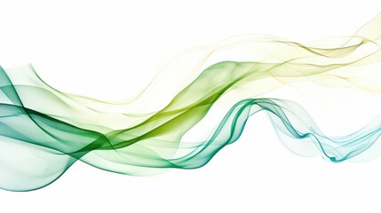 Green and blue wavy line art on a white background with minimalistic design features soft green lines with subtle yellow accents