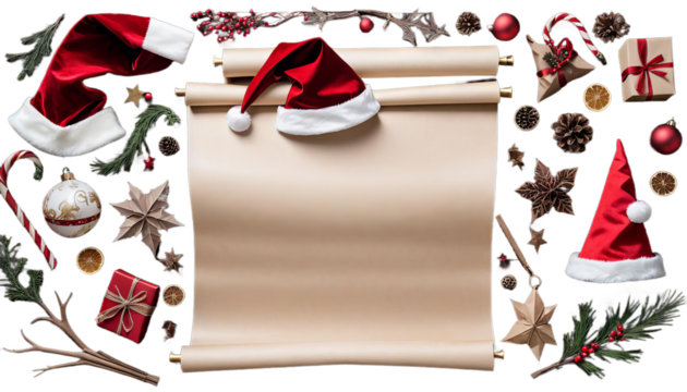 hat scroll santa christmas witch blank background design isolated white page paper retro wish list banner december decoration empty gift holiday letter manuscript message old parchment red rustic