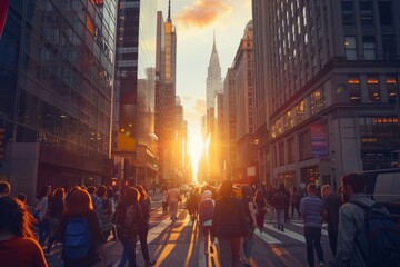 A group of kids walking down a busy city street surrounded by tall buildings, capturing urban life and reflections