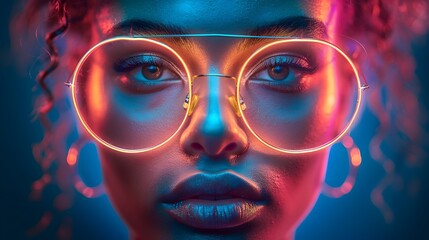 Captivating Neon-Infused Facial Portrait with Vibrant Hues and Striking Gaze