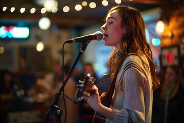 A woman confidently sings into a microphone while holding a guitar on stage during an open mic night performance