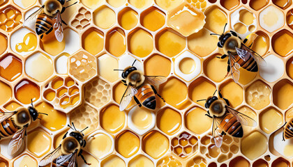 honeycombs seamless pattern watercolor honeycomb honey bee bumblebee hive white background illustration dessert yellow design sweet food organic colourful paint art natural bug edible fly field