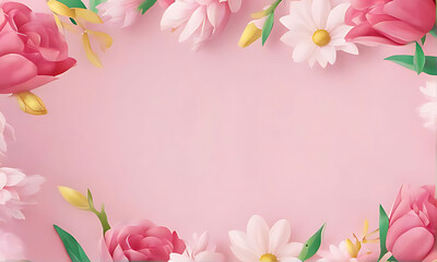 3D render happy Mother's Day banner with copy space. Celebrating Mother's Day with, heart and flowers DESIGN.	