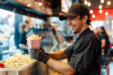 Obraz premium A man cheerfully holding a bucket of popcorn with a smile on his face