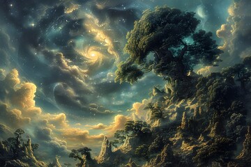 Ethereal and Majestic Fantastical Landscape with Towering Tree and Dramatic Cloudy Sky