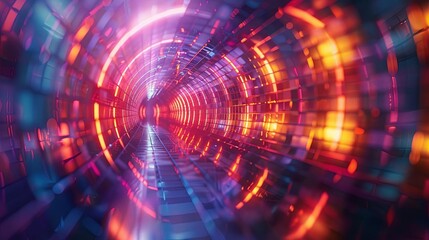 Obraz premium Abstract image of glowing neon lights in a circular tunnel.