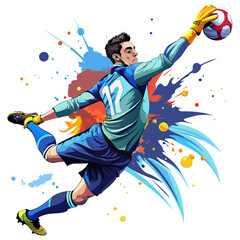 football Player jumps for the ball. splash of watercolors. vector realistic illustration of paints