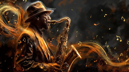 Man playing a saxophone with notes flying out of it the theme of World Music Day