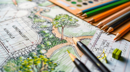 Landscape designers plan with stationery closeup