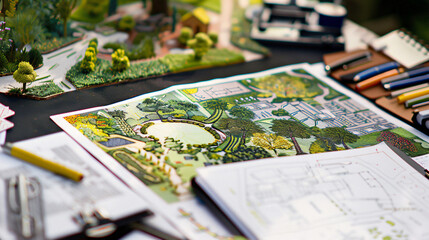 Landscape designers plan with stationery closeup