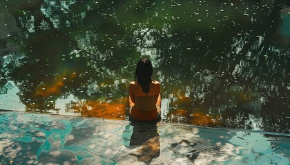 Artistic representation from above of a woman sitting in a park, her cheerful summer day reflected with brushstroke effects on a reflective surface