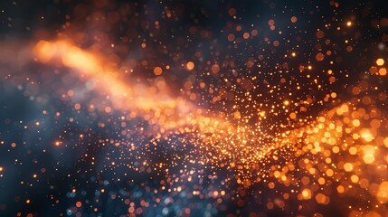 Abstract glowing orange particles wave on dark blue background.