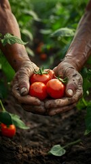 Fototapeta premium Hands Holding Fresh Ripe Tomatoes in Organic Garden,Healthy Homegrown Vegetable Harvest from Sustainable Farming